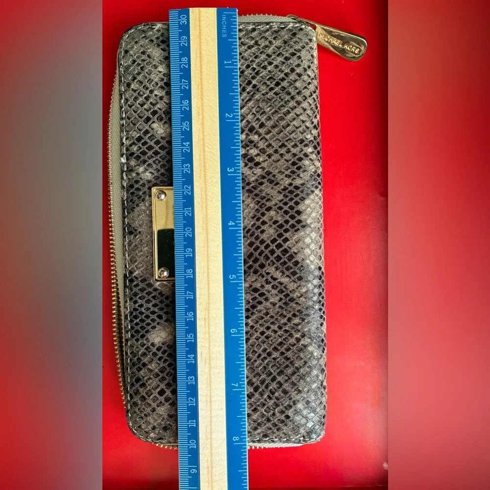 Michael Kors Silver Snake-Print Zip Wallet with Gold Plate